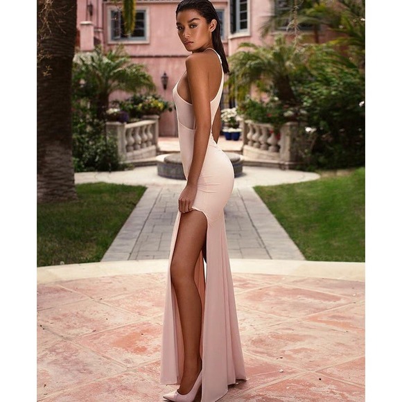 House of CB Dresses & Skirts - House of CB Aurelia Dress Maxi Thigh Slit Mesh Stretch Pink Size Small FLAW